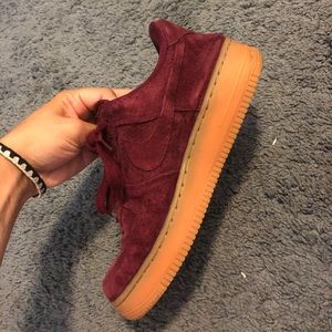 Burgundy suede platform Nike AirForce 1s